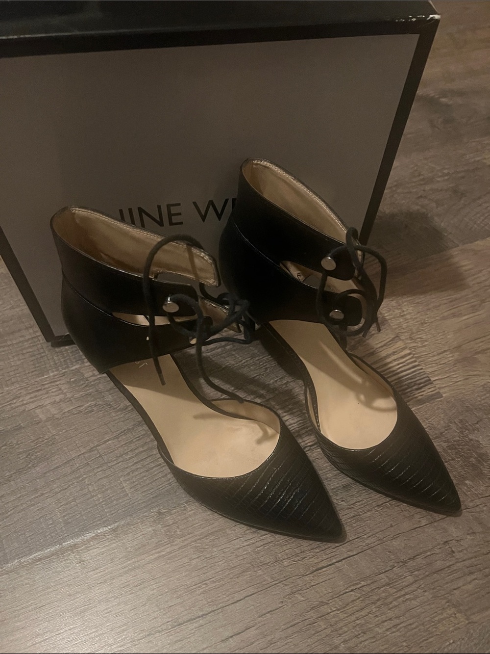 Nine West Black Pointed-Toe Lace-Up Ankle-Cuff Pumps